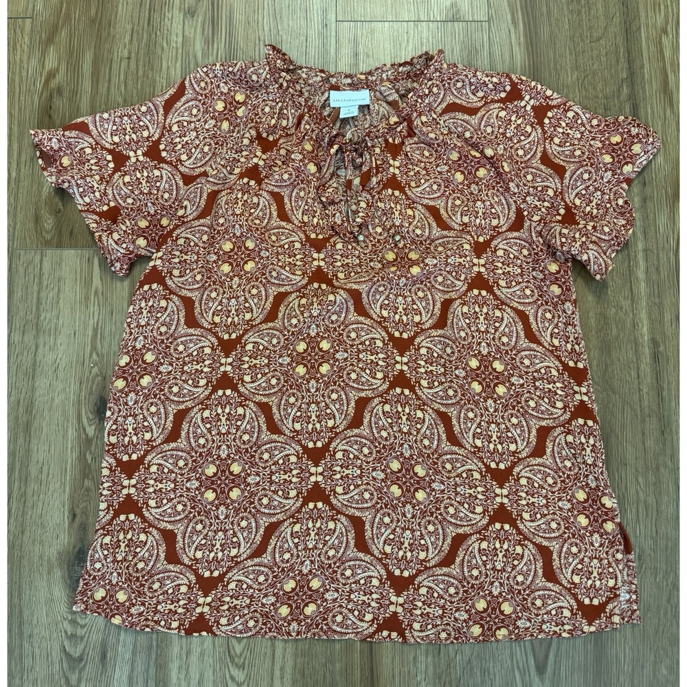 Liz Claiborne Women's Rust Paisley Print Split Tie Neck Short Sleeve Blouse S